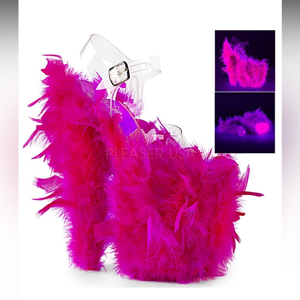 NEW Pleaser Flamingo‎ FLAM808F Neon Pink Marabou Feather Size 7.